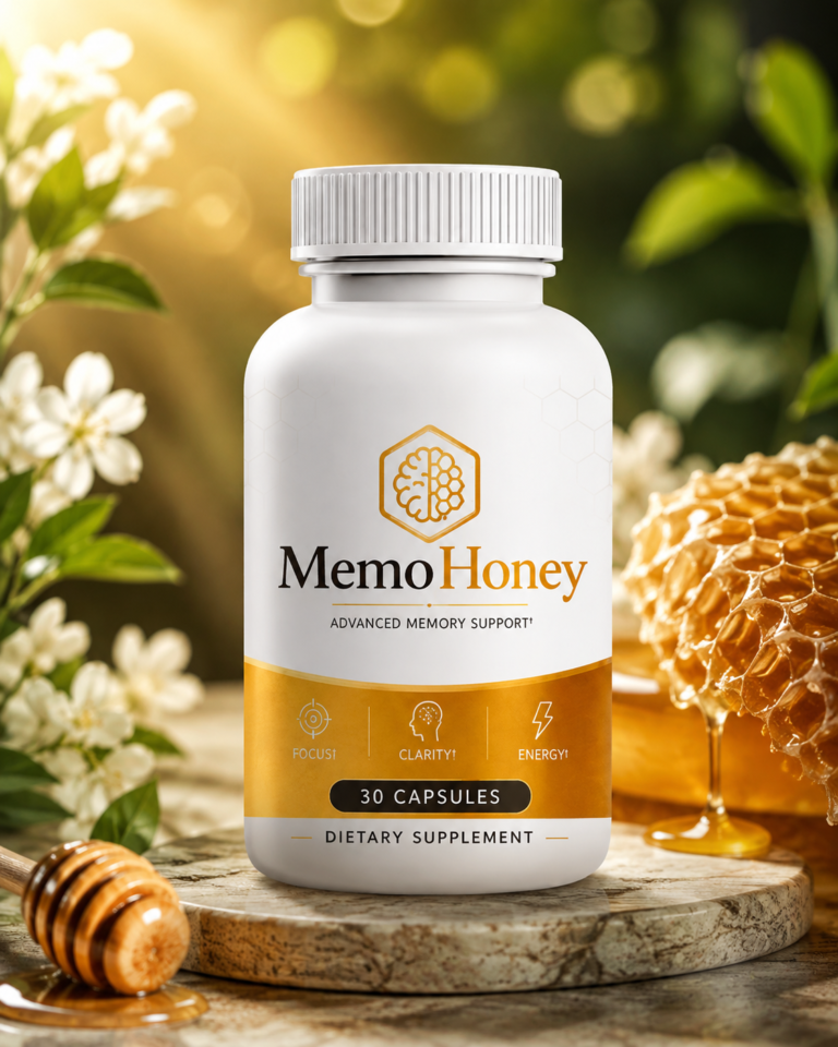 White bottle of MemoHoney dietary supplement featuring 30 capsules for advanced memory support, focus, clarity, and energy, displayed on a stone surface with honeycombs and flowers in the background.