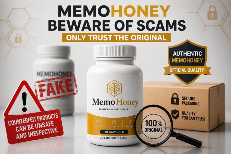 Warning banner about MemoHoney scams and fake products, showing an original bottle of MemoHoney 30 capsules next to a blurred counterfeit bottle with a red fake stamp, a warning sign, and a magnifying glass pointing to a 100% original badge.