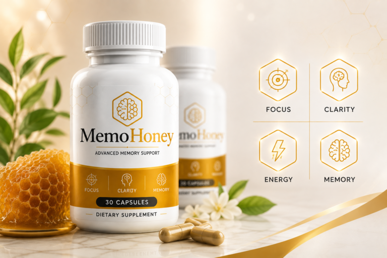 Two white bottles of MemoHoney dietary supplement containing 30 capsules, displayed alongside loose dietary capsules, honeycomb, and golden icons highlighting core benefits: Focus, Clarity, Energy, and Memory.