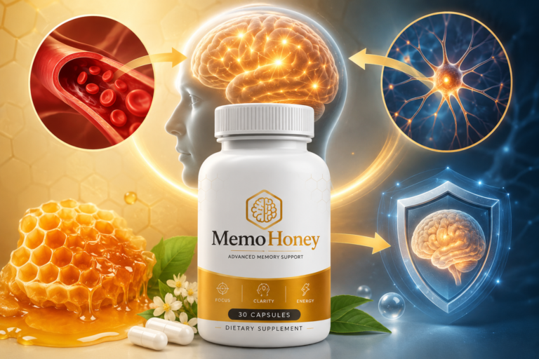 Scientific diagram of MemoHoney memory supplement showing a bottle of 30 capsules surrounded by graphics depicting blood circulation, neural brain activity, synaptic connections, and a shield protecting the brain.