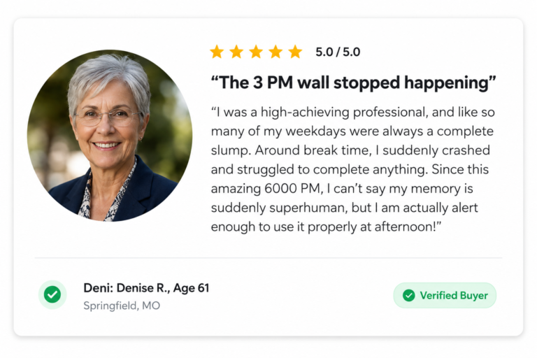 Circular portrait photo of a smiling senior woman with short gray hair and glasses, representing a verified MemoHoney customer review on brain clarity and memory improvement.