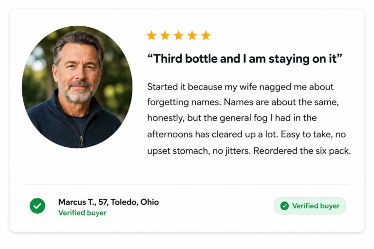 Customer review card for MemoHoney supplement featuring a 5-star rating, a photo of Marcus T. (57, Toledo, Ohio), a verified buyer badge, and his testimonial describing reduced brain fog after his third bottle.