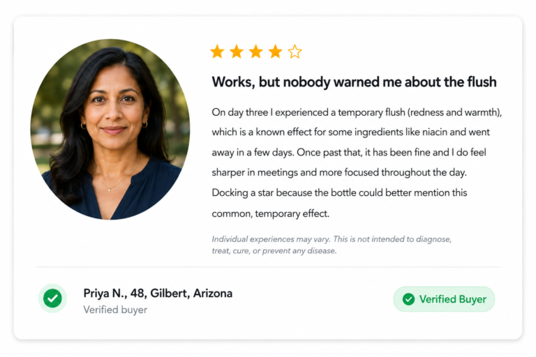 Customer review card for MemoHoney supplement displaying a 4-star rating, a portrait photo of Priya N. (48, Gilbert, Arizona), a verified buyer badge, and her feedback regarding focus, sharpness, and a temporary niacin flush.
