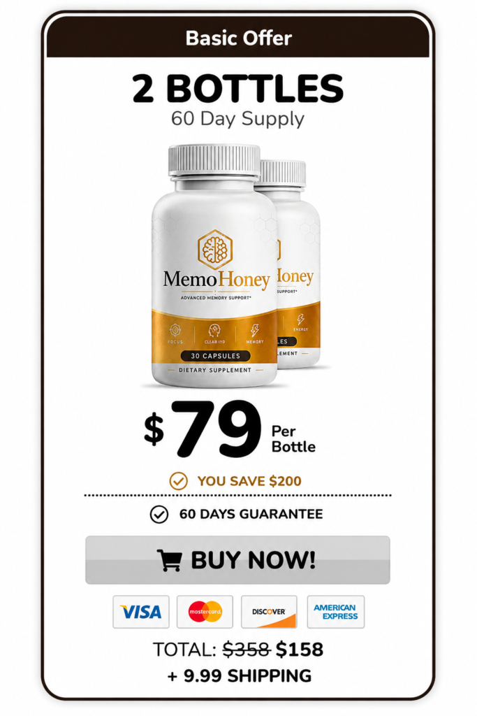 Pricing card for MemoHoney Basic Offer featuring 2 bottles (60-day supply) for $79 per bottle, total $158 plus $9.99 shipping, including a $200 savings badge, 60-day money-back guarantee, Buy Now button, and accepted credit card logos.