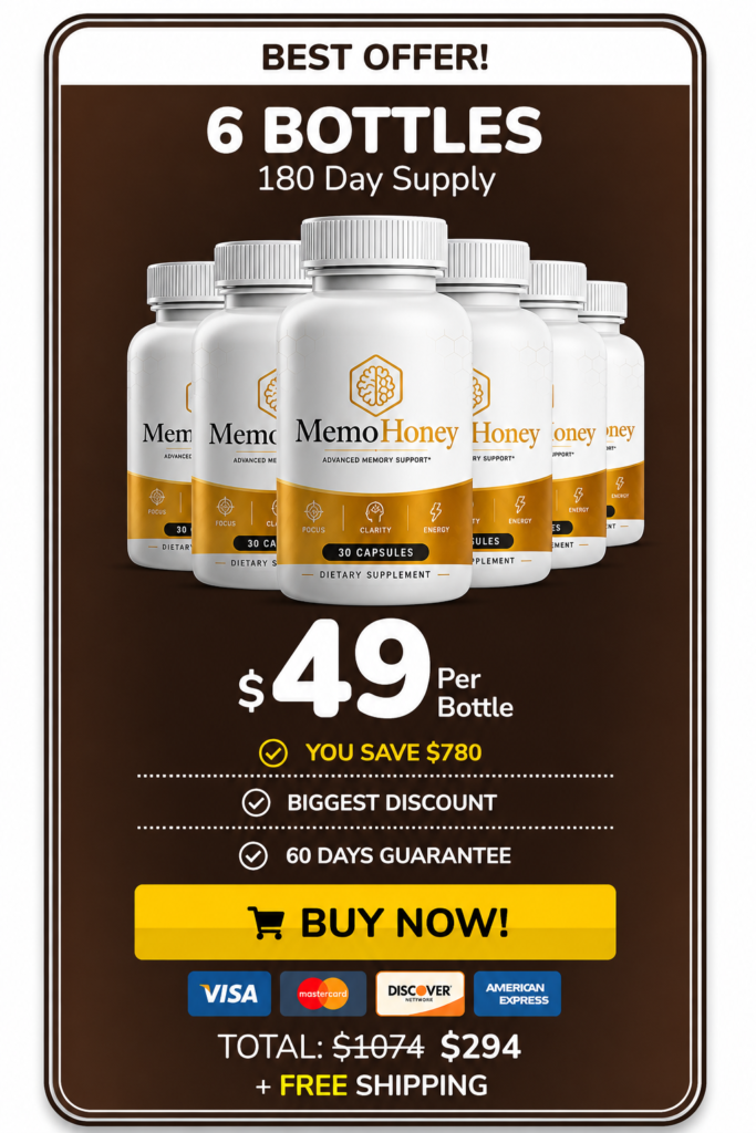 Best Offer pricing card for MemoHoney showing 6 bottles (180-day supply) for $49 per bottle, total $294 with free shipping, featuring a $780 discount callout, 60-day money-back guarantee, yellow Buy Now button, and payment method icons.