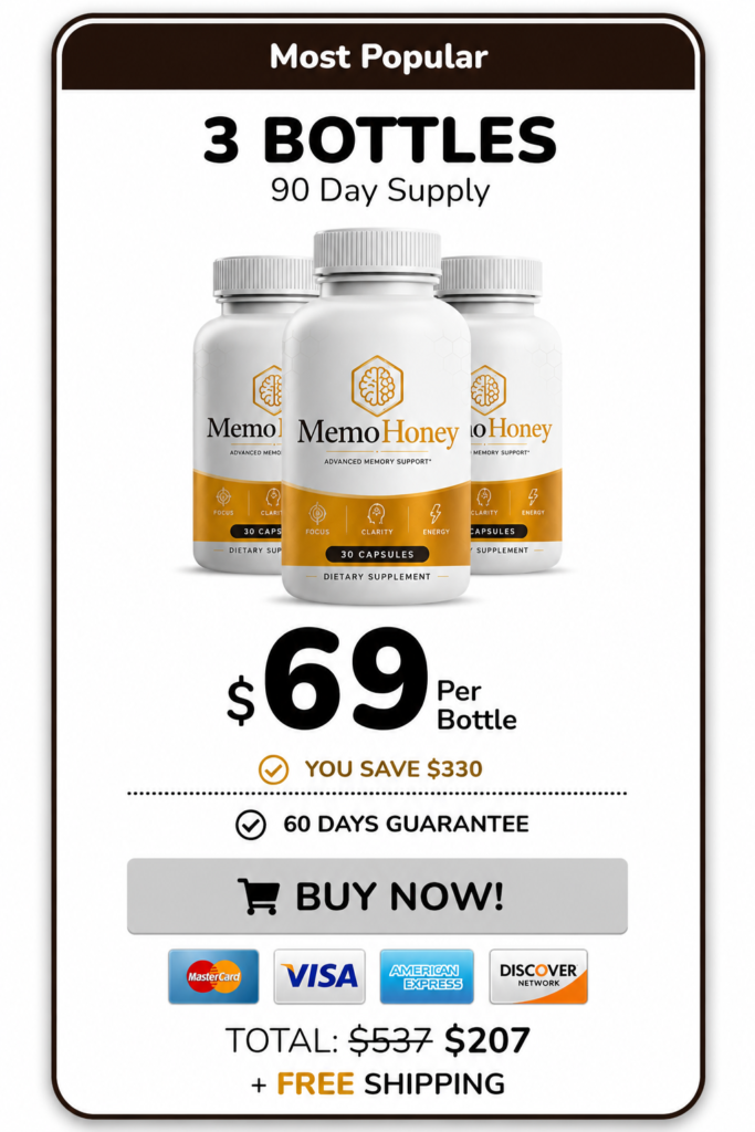 Pricing card for MemoHoney Most Popular offer showing 3 bottles (90-day supply) for $69 per bottle, total $207 with free shipping, including a $330 savings callout, 60-day money-back guarantee, Buy Now button, and major credit card logos.