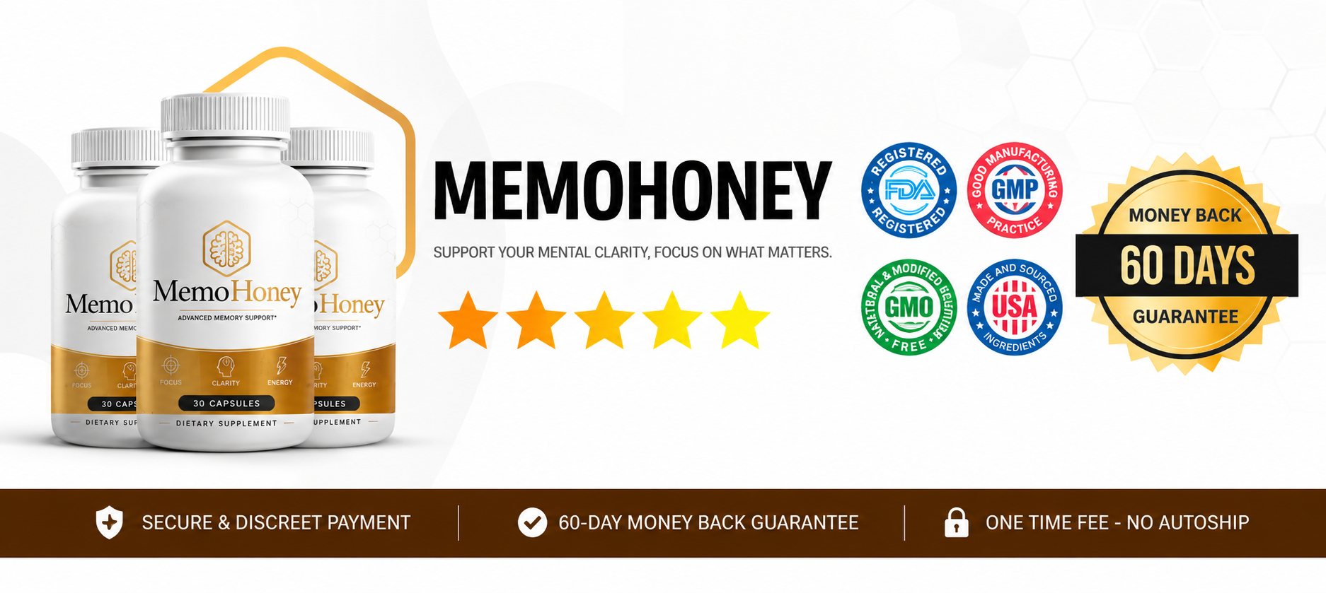 Promotional banner for MemoHoney dietary supplement displaying three bottles, a 5-star rating, quality seals for FDA Registered facility, GMP Certified, GMO Free, Made in USA, and a golden 60 Days Money Back Guarantee badge.